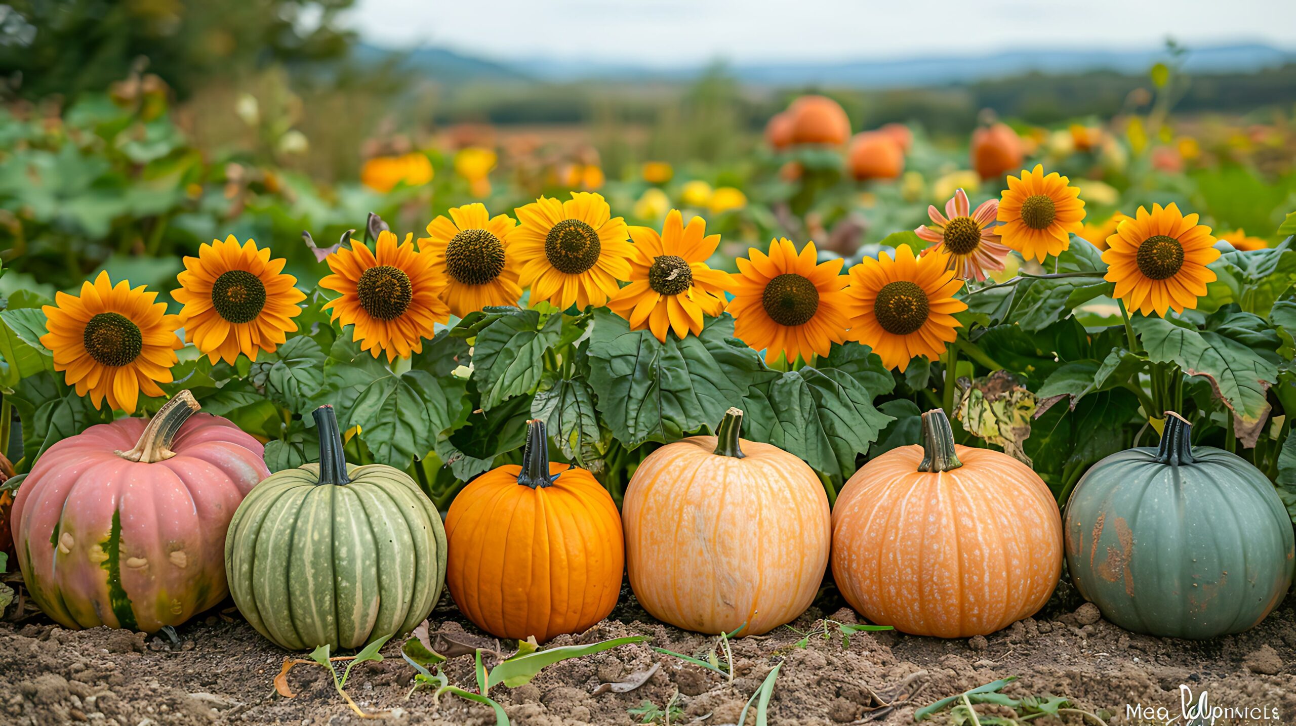 Various colored pumpkins are lined up in front of bright, cheerful sunflowers in an open field, creating a vibrant autumn scene perfect for seasonal promotions, agricultural content, and harvest-themed imagery.