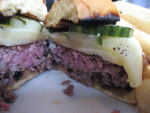 5 & Diamond Restaurant NYC burger with bavatte steak, beef cheek, and pork fatback