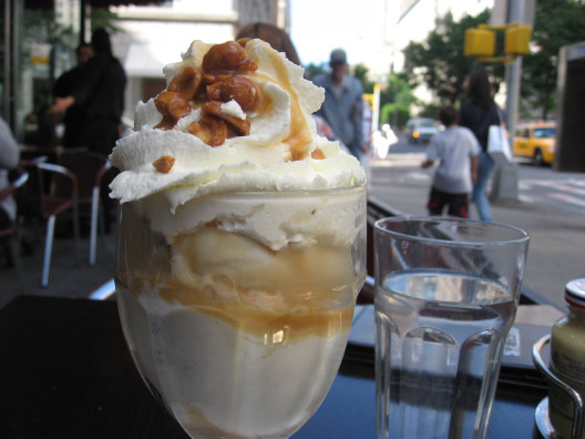 Five Napking Burger on the Upper West Side huge sundae with carmel and nuts on top