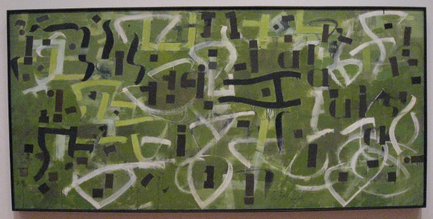 Gertrude Stein abstract expressionist painting green background with letter shapes and squiggly lines in blacks, whites and greens.