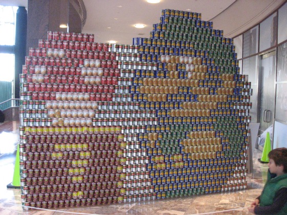 Canstruction 2010 in NYC features cans stacked to make images of Luigi from the Mario Bros game