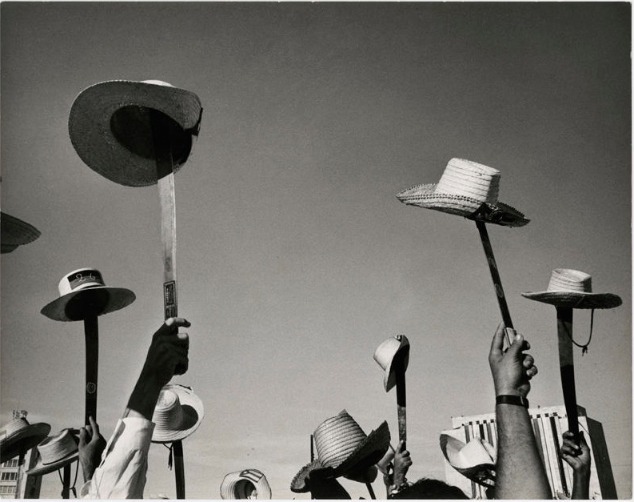 Straw hats held up on machetes during the Cuba Revolution at the International Center for Photography Museum