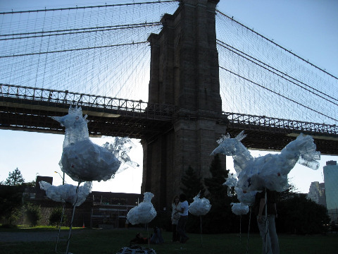 Dumbo Arts Festival under the Manhattan Bridge, scultptures of wired white birds