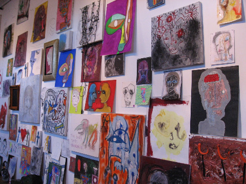Wall of drawings and other artwork at the Dumbo Arts Festival in NYC