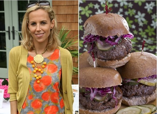 Tory Burch headshot, young blonde haired woman in a grey and orange top with yellow cardigan and yellow drapped necklace juxtiposed with image of hamburgers on a bun piled on top of each other.