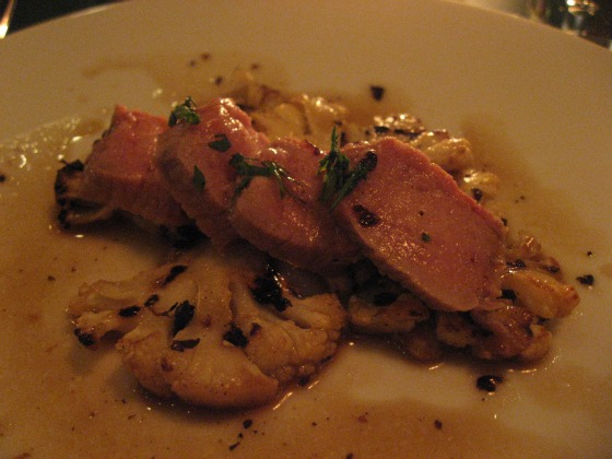 Loin of veal sliced with grilled cauliflower and black bean sauce at Hung Ry Noodle Shop