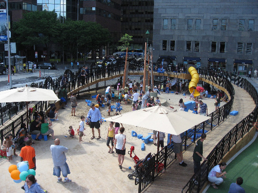 View from above of the Imagination Playground in New York City with a circular walkway with wrought iron handrails