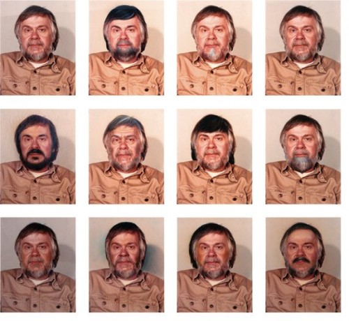John Baldessari photography self-portrait of the artist in a 4 by 3 grid form with slightly different hair colors in a tan button up top