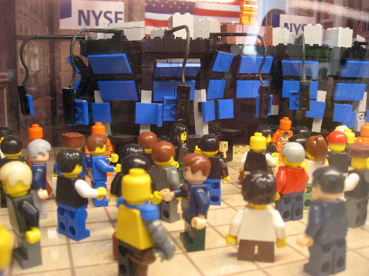 Legos Store in Manhattan diaroma of lego Wall Street workers on a Lego stock market floor.