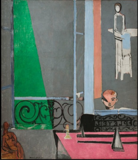 Henri Matisse at MoMA Piano Lesson pink piano and green triangle shape, child at piano, figure in corner