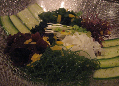 Momoya Sushi NYC variety dish of seaweed in green, purples, and yellows
