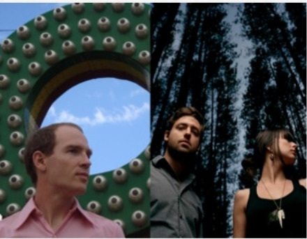Playing live free music in NYC are Caribou and Phantogram band members posed in front of tree and abstract backdrops