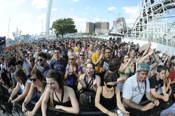 Free music in NYC at coney islands outdoor concert venue fisheye view of crowd