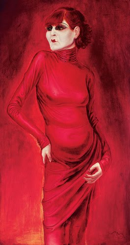 Otto Dix portrait of dancer Anita Berber dressed all in red on a red background with red hair