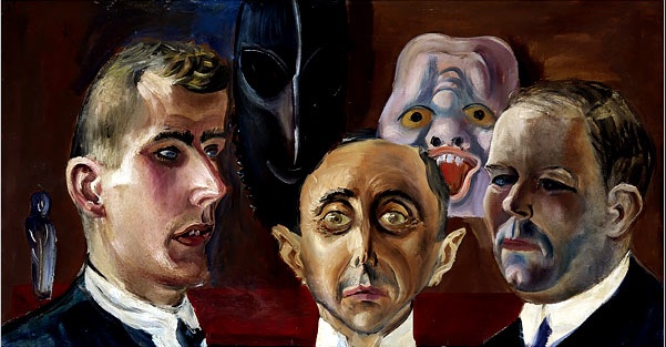 Group Portrait by Otto Dix of 3 mens heads at various angles with masks in the background
