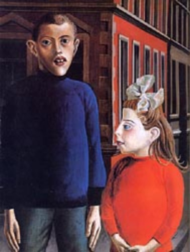 Otto Dix Two Children boy in blue shirt and girl in red with a bow in front of a red building