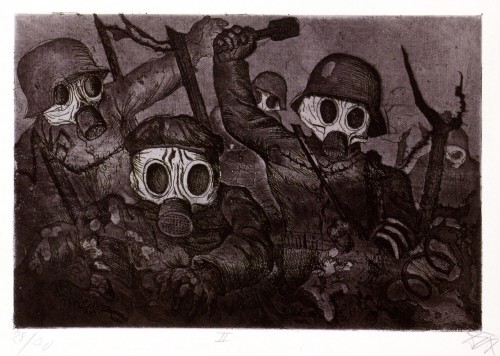 Otto Dix at the Neue Galerie NYC World War II etching of soldiers in gas masks
