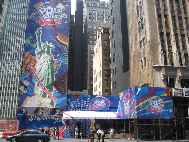 Kellogg's Pop Tarts World NYC in Times Square with Statue of Libert pyoster and pop-tart signage everywhere