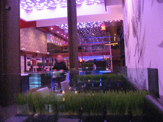 View from the street of Restaurant i shows the schwanky purple lighting and stylish furnishings and coloring