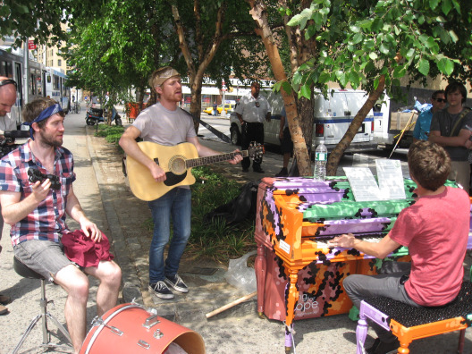 Street Pianos and guitar and drums in NYC as part of the Luke Jerram piece